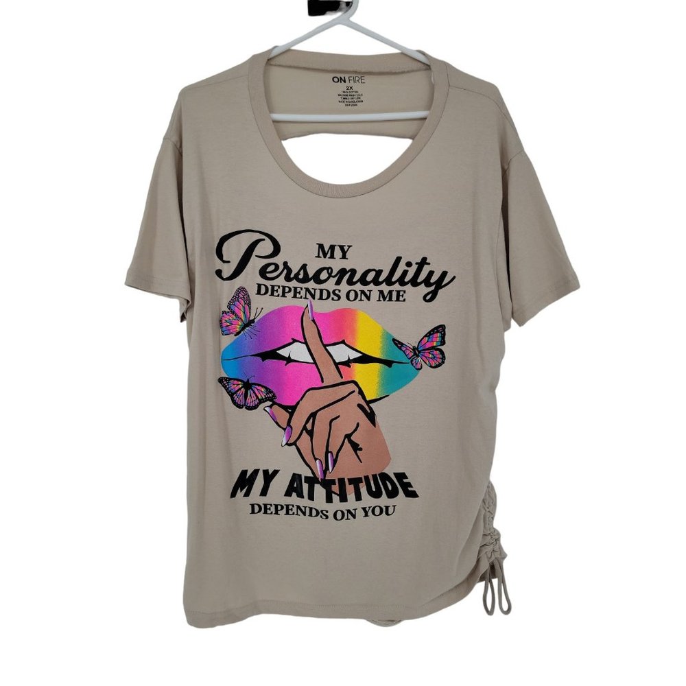 ON FIRE Size 2X Womens Top Graphic Tee Shirt Distressed Rouched